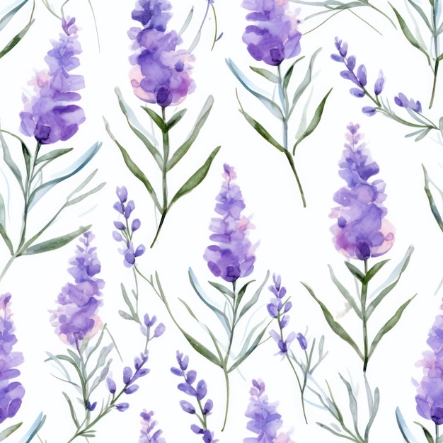 Foto fiore di lavanda color acqua senza cuciture con disegno di foglie su sfondo bianco