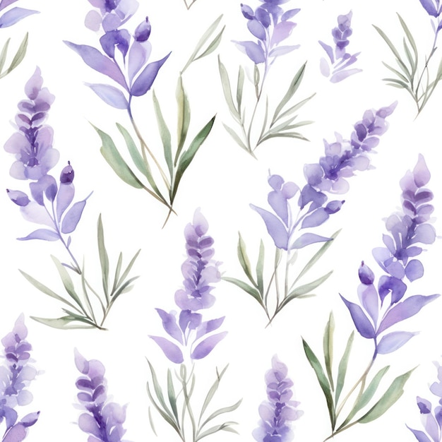 Foto fiore di lavanda color acqua senza cuciture con disegno di foglie su sfondo bianco