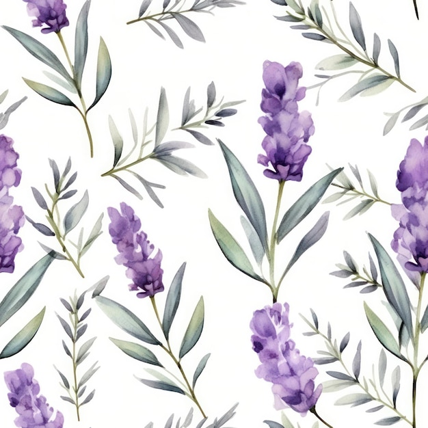 Seamless water color lavender flower with leaf pattern on white background