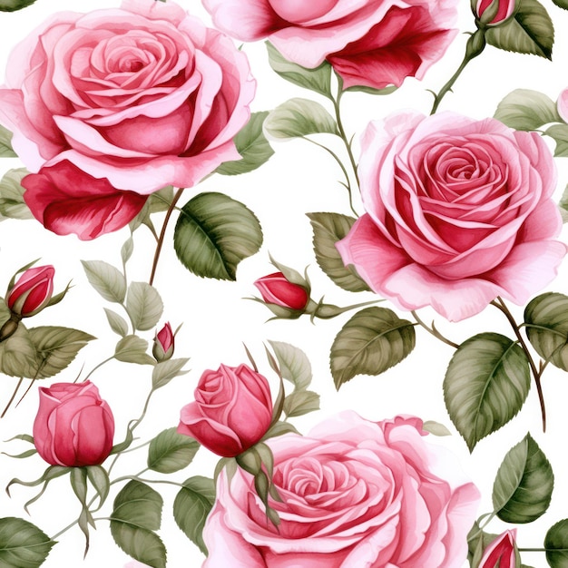 Бесшовный акварельный цветок розы с рисунком листьев на белом фоне