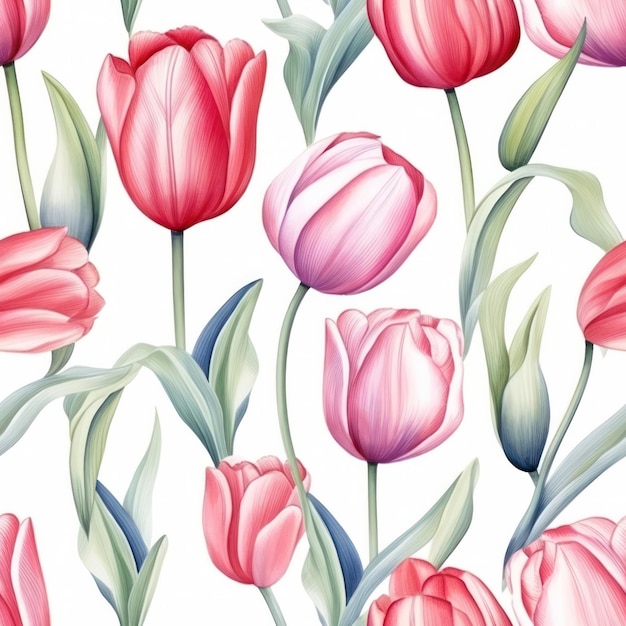 Seamless water color tulip with leaf pattern on white background