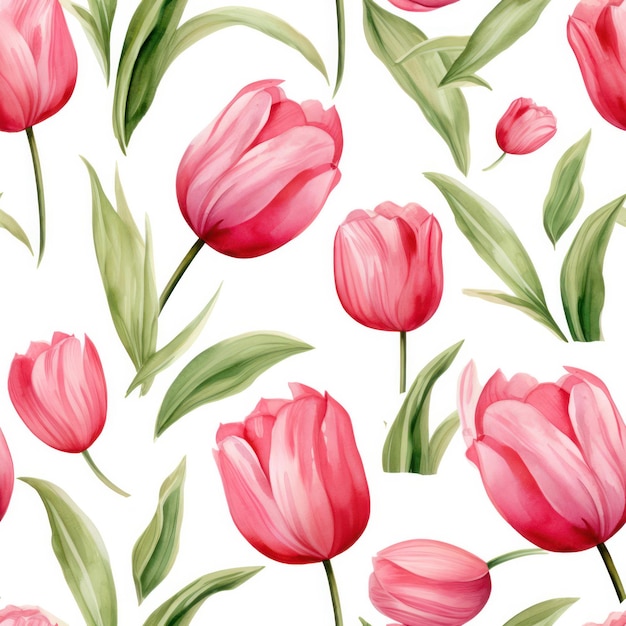 Seamless water color tulip with leaf pattern on white background