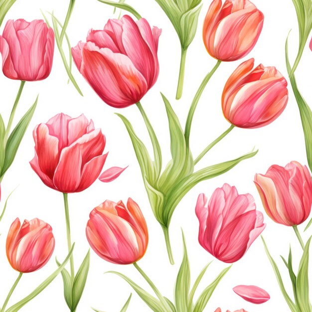 Seamless water color tulip with leaf pattern on white background