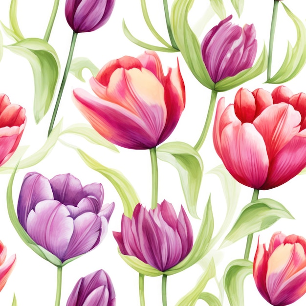 Seamless water color tulip with leaf pattern on white background