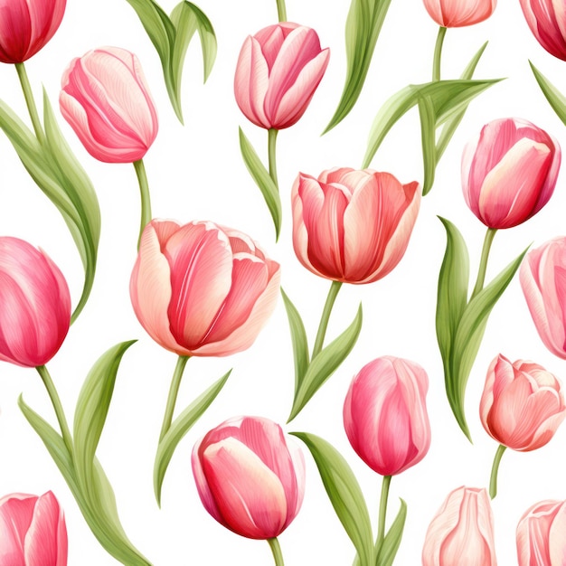 Seamless water color tulip with leaf pattern on white background