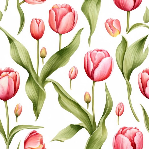 Seamless water color tulip with leaf pattern on white background