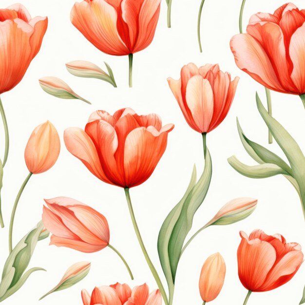 Seamless water color tulip with leaf pattern on white background