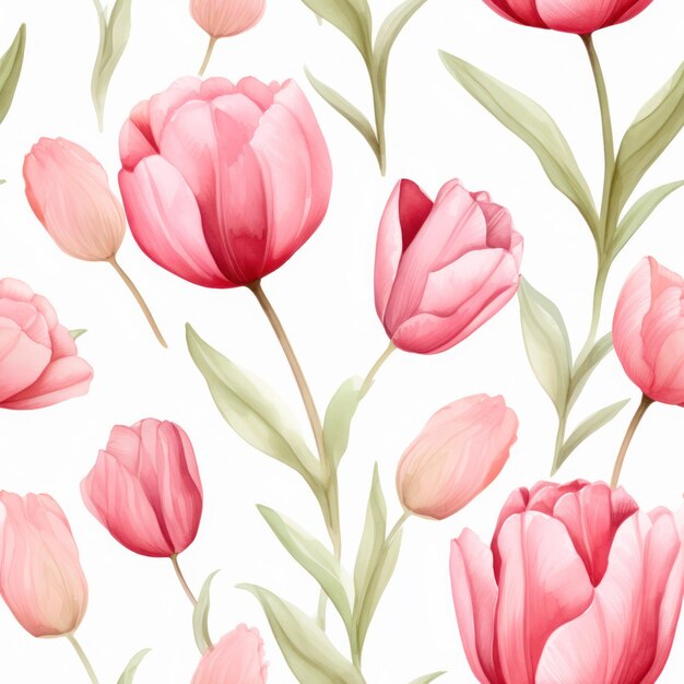 Seamless water color tulip with leaf pattern on white background