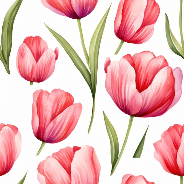 Seamless water color tulip with leaf pattern on white background