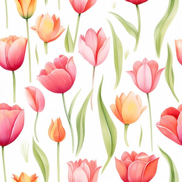 Photo seamless water color tulip with leaf pattern on white background