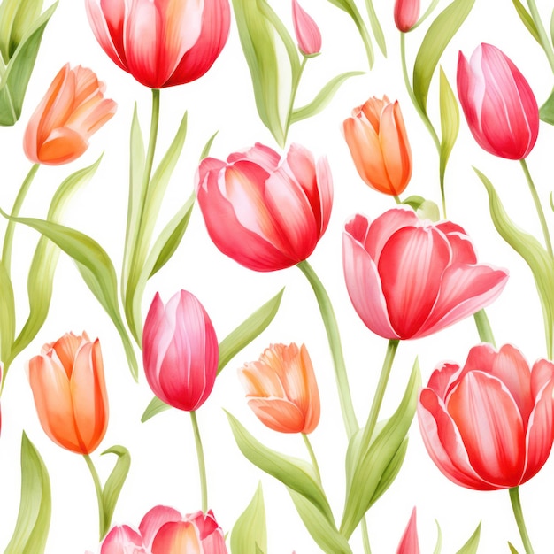 Photo seamless water color tulip with leaf pattern on white background