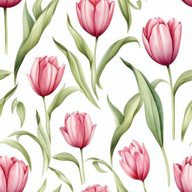 Seamless water color tulip with leaf pattern on white background