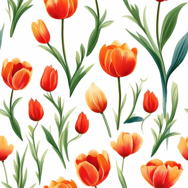 Seamless water color tulip with leaf pattern on white background