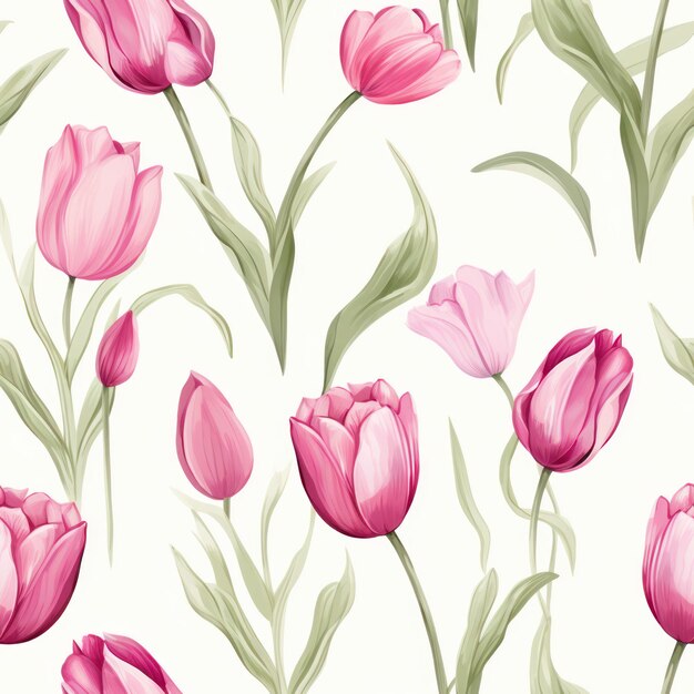 Photo seamless water color tulip with leaf pattern on white background