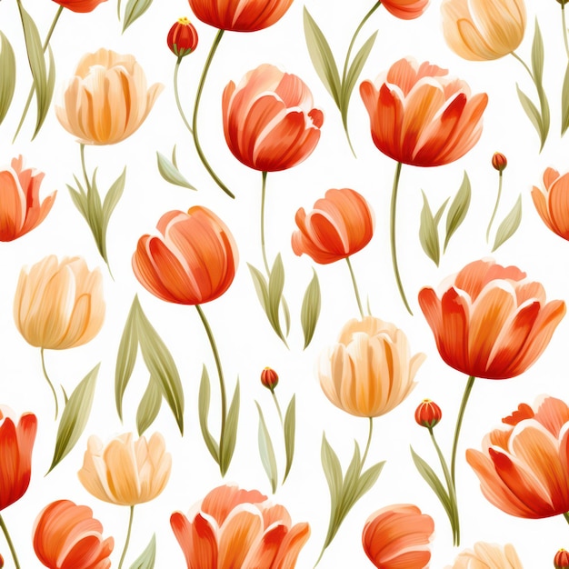 Seamless water color tulip with leaf pattern on white background