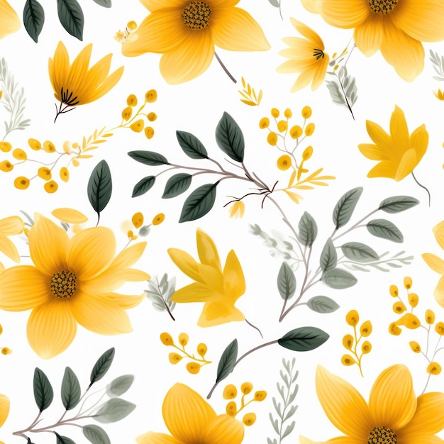 白い背景に葉のパターンを持つシームレスな水色の黄色の花