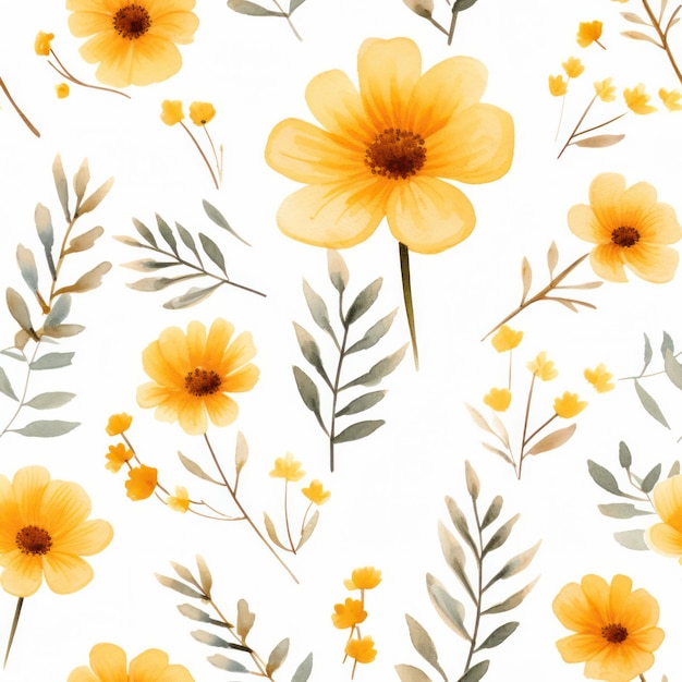 Seamless water color yellow flower with leaf pattern on white background