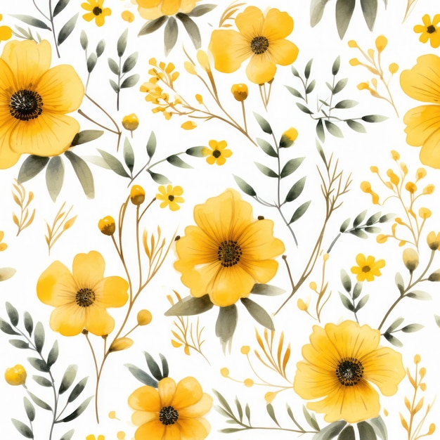 Seamless water color yellow flower with leaf pattern on white background