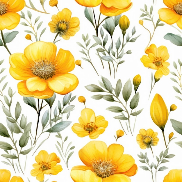 Seamless water color yellow flower with leaf pattern on white background