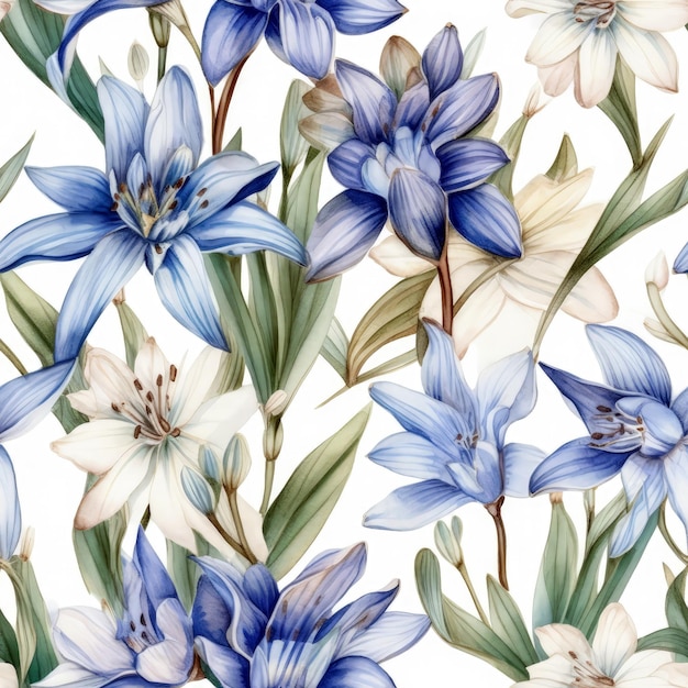 Seamless watercolor blue and white lily flowers pattern on isolated background