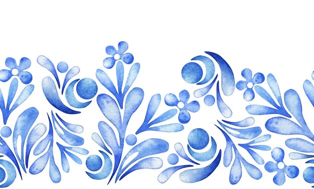 Seamless watercolor border Stylized botanical ornament Blue color Folklore folk ethnic style