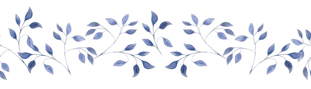 Photo seamless watercolor border with blue small twigs of leaves on a white background