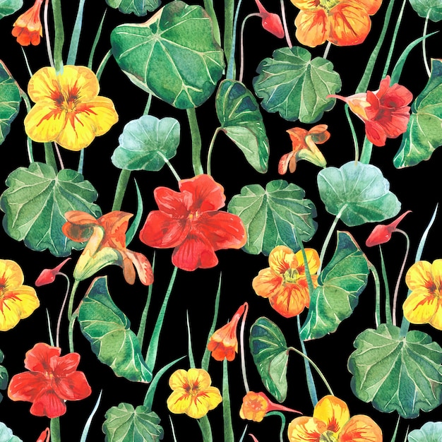 Seamless watercolor fabric background of nasturtium flowers and leaves