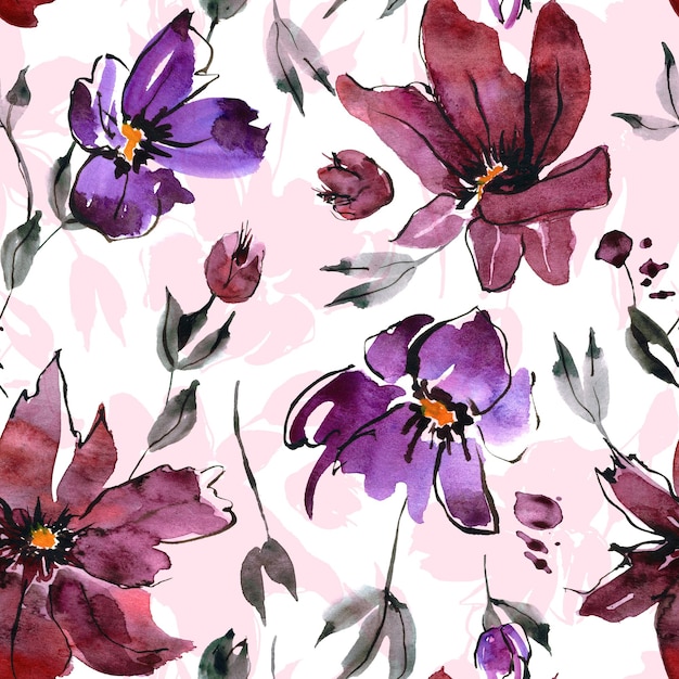 Seamless watercolor floral background with hand painted red and purple flowers