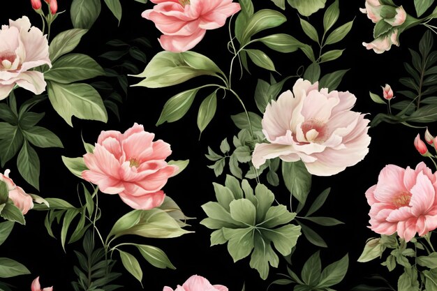 Seamless watercolor floral pattern green leaves white and Peach Colors flowers on dark background