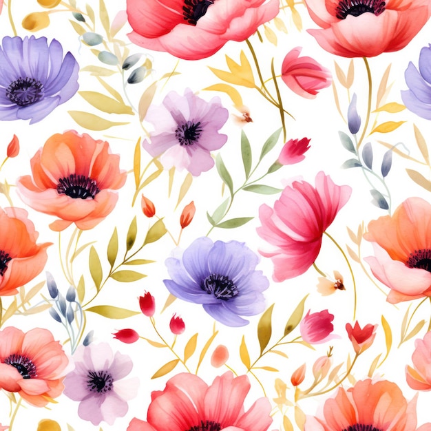 Seamless watercolor flower pattern on white background