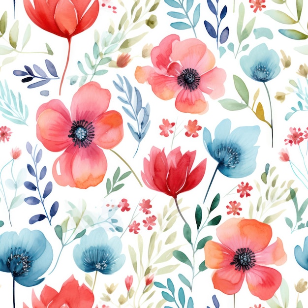 Seamless watercolor flower pattern on white background