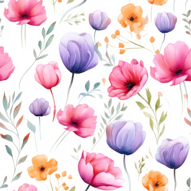 Seamless watercolor flower pattern on white background