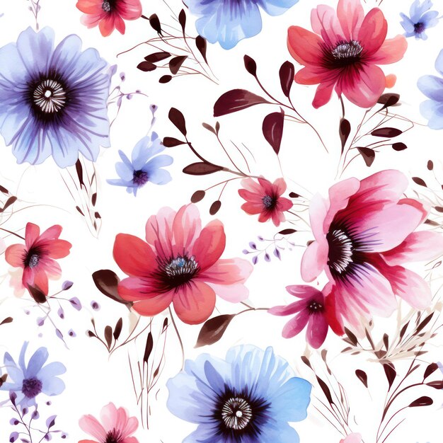 Seamless watercolor flower pattern on white background