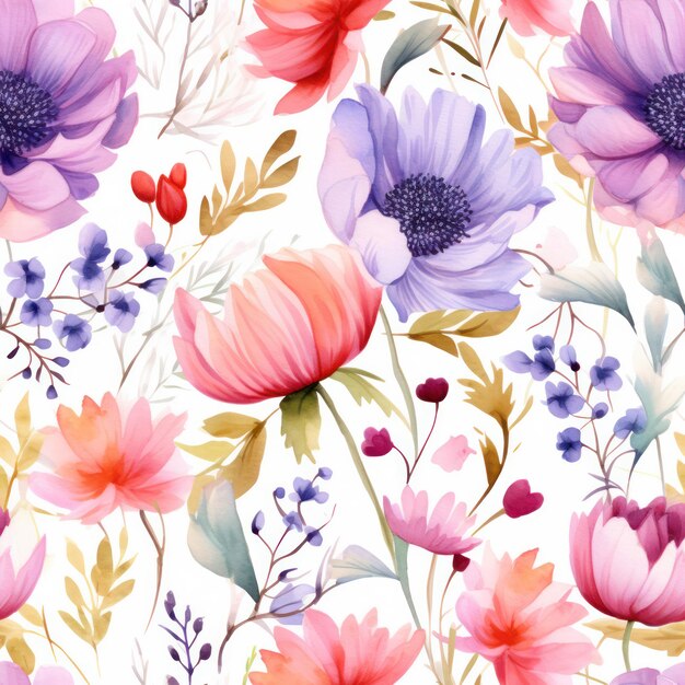 Seamless watercolor flower pattern on white background