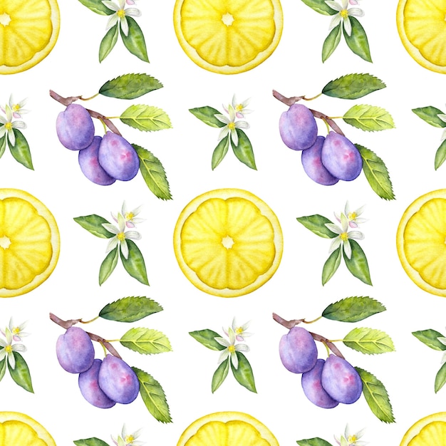 Foto disegno di frutta ad acquerello senza cuciture con limoni, prugne e fiori
