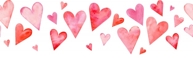 Seamless watercolor header with pink and red hearts on white