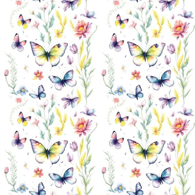 Seamless watercolor natural pattern of butterflies with floral and herbal elements Ai generative art