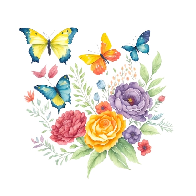 Seamless watercolor natural pattern of butterflies with floral and herbal elements Ai generative art