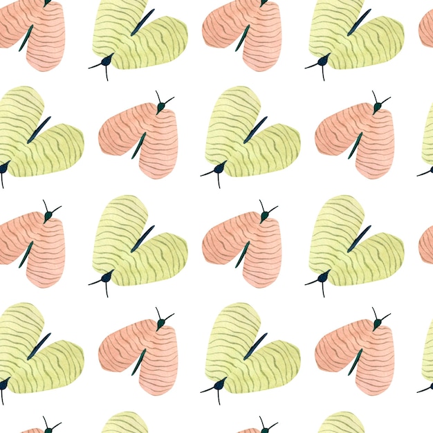 Seamless watercolor natural pattern with pink and green butterflies