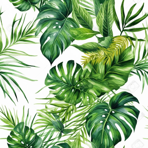 a seamless watercolor painting of tropical leaves on a white background generative ai