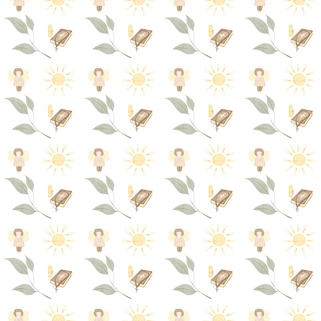 Seamless watercolor pattern baby baptism pattern with angel bible sun and cross and candle cute