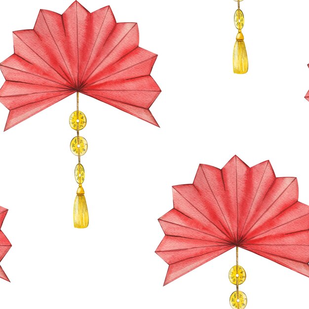 中国新年の水彩画金色のペンデントと水彩画で塗装されたブラシを付いた赤い手の扇風機招待カードの布や紙に印刷するのに適しています