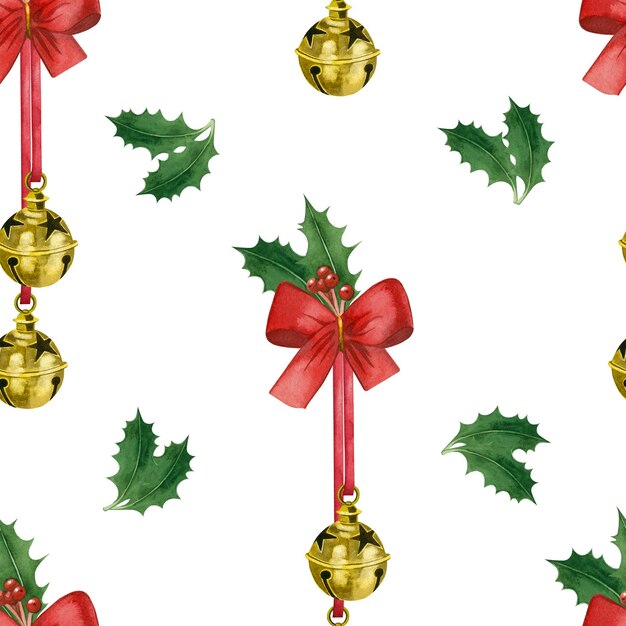 Seamless watercolor pattern on a Christmas theme. Bells, holly leaves, red bows, hand-painted