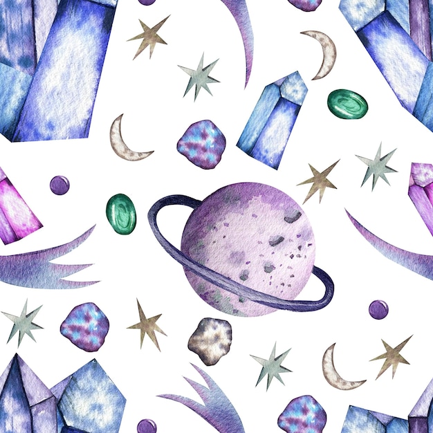 Seamless watercolor pattern Hand drawn planets asteroids crystals stars and moon