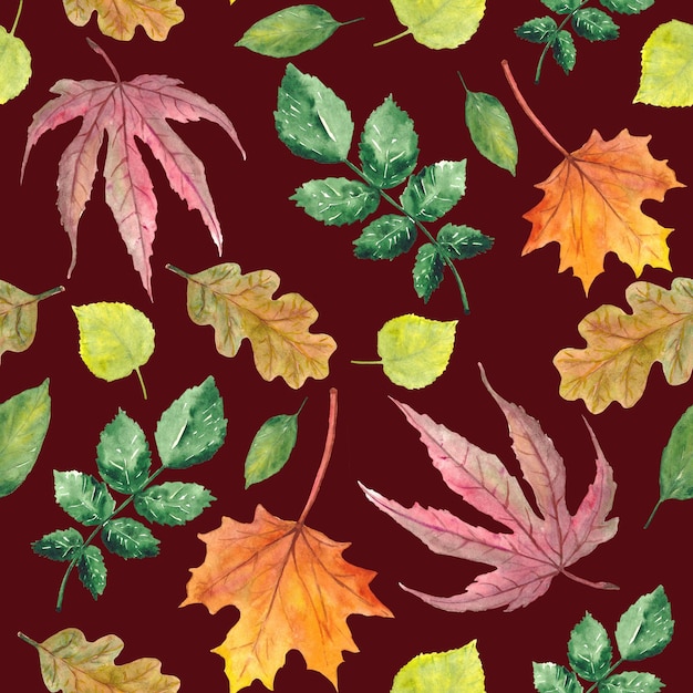 Seamless watercolor pattern of leaves of various trees