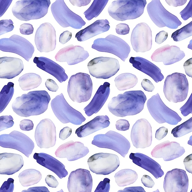 Seamless watercolor pattern made of violet and purple brush strokes and splashes. Abstract very peri background. Abstract shapes.