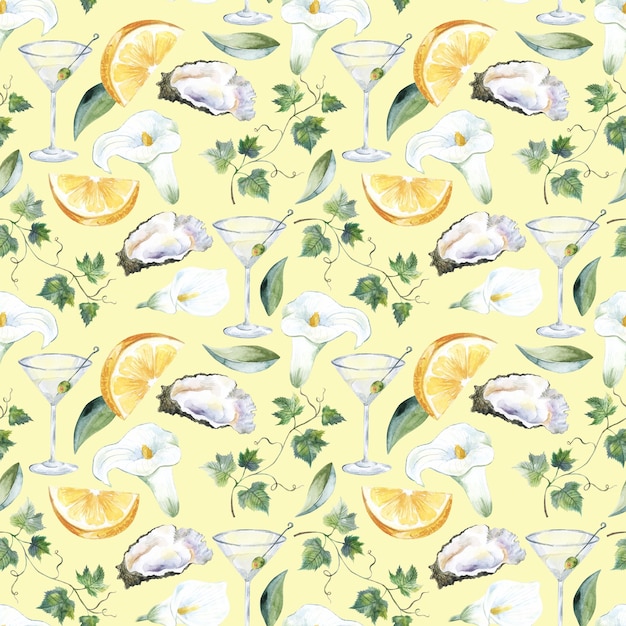 Seamless watercolor pattern oysters and lemons on a white background Mediterranean Kitchen Seafood