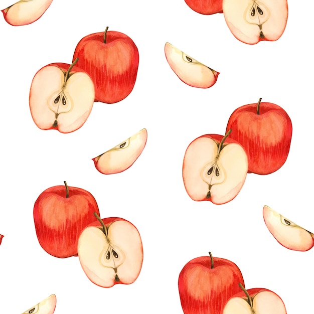 Photo seamless watercolor pattern red ripe apples half an apple with seeds and slices handdrawn