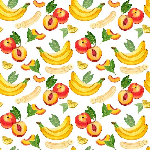 Seamless watercolor pattern Ripe fruits bananas lemon and peach slices nectarine and leaves hand drawn in watercolor on a white background Suitable for printing on fabric paper for the kitchen