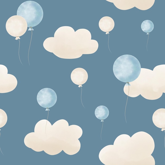 공기 풍선과 아이를 위한 베이지색 귀여운 구름 손으로 그린 배경이 있는 매끄러운 수채화 패턴